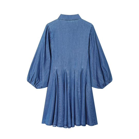 Damen Knielanges Hemdblusenkleid aus Denim mit Ballonärmeln und Faltenrock Nord Taschen