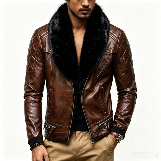 Herren Biker-Lederjacke mit gesteppter Schulter, voluminösem Fellkragen und Zierreißverschlüssen Nord Taschen