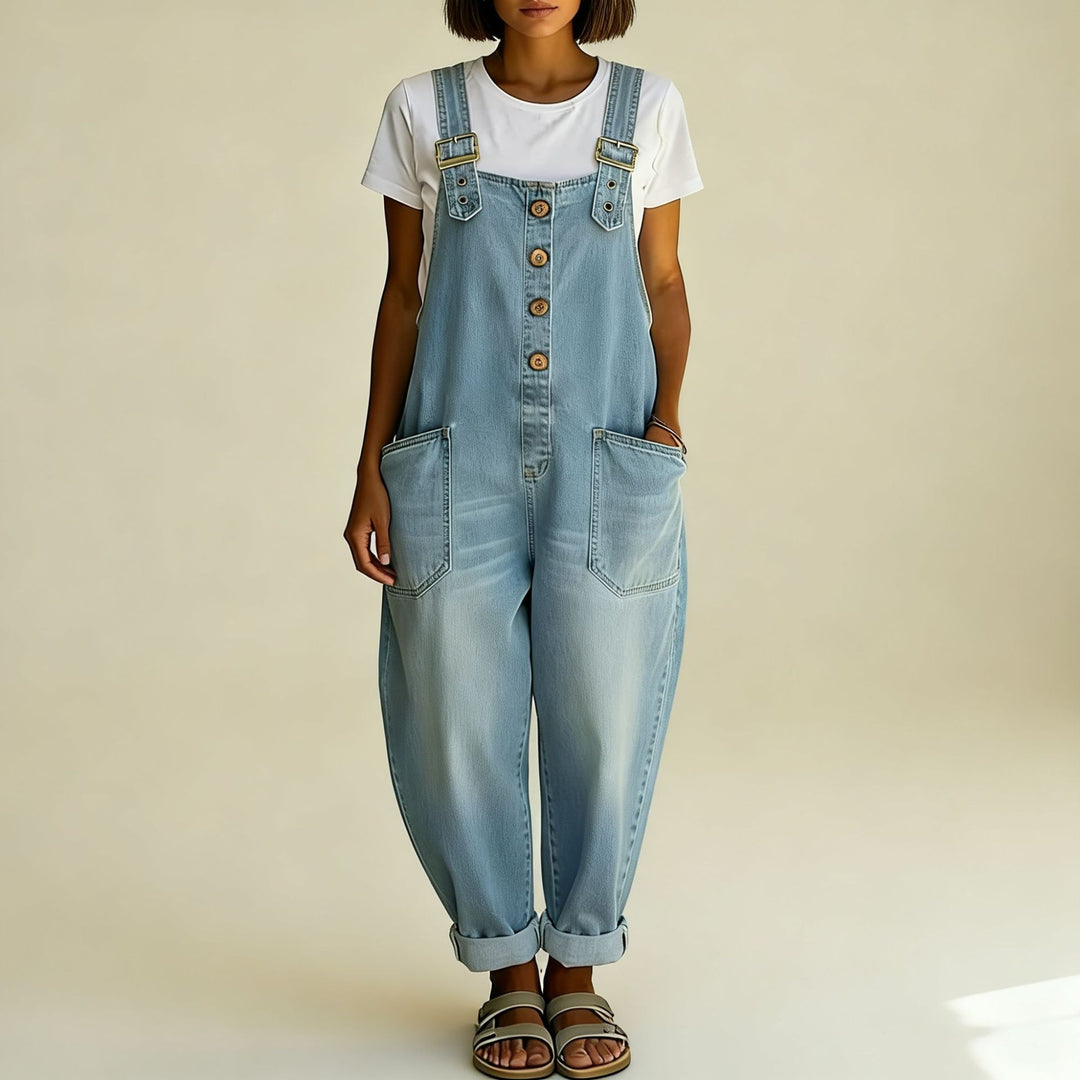 Damen Weite Denim-Latzhose mit Knopfleiste, verstellbaren Trägern und aufgesetzten Taschen Nord Taschen