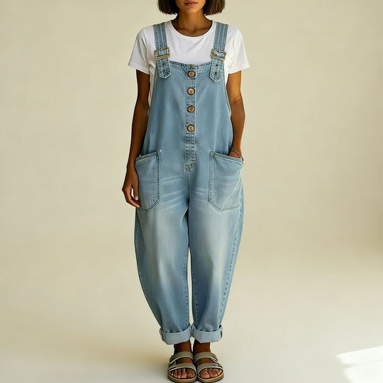 Damen Weite Denim-Latzhose mit Knopfleiste, verstellbaren Trägern und aufgesetzten Taschen Nord Taschen