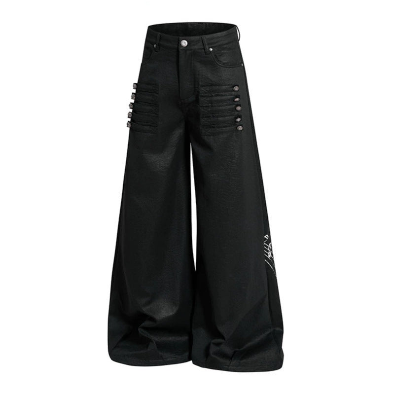 Damen Weite hochgeschnittene Palazzo-Hose mit beschichteter Lederoptik, extra weitem Bein und Statement-Print Nord Taschen