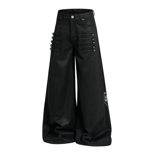 Damen Weite hochgeschnittene Palazzo-Hose mit beschichteter Lederoptik, extra weitem Bein und Statement-Print Nord Taschen