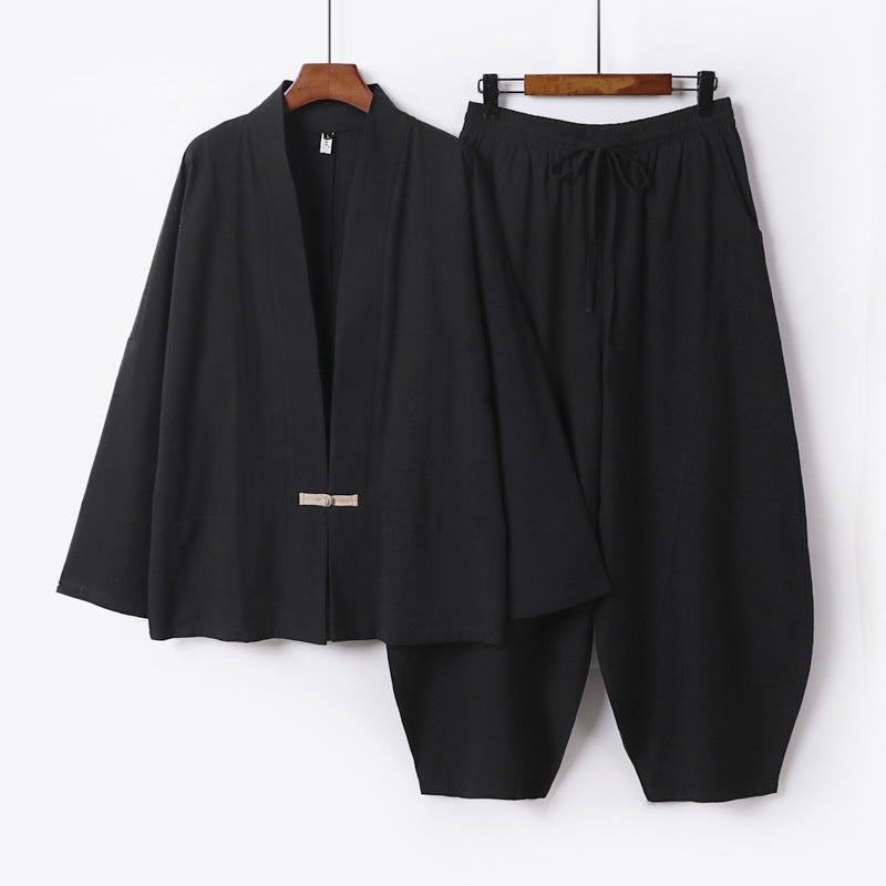 Herren Kimono-Loungewear-Set mit kurzem Schalkragen und weiten Harem-Bundhosen Nord Taschen