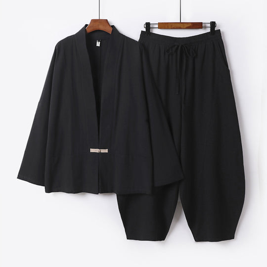 Herren Kimono-Loungewear-Set mit kurzem Schalkragen und weiten Harem-Bundhosen Nord Taschen