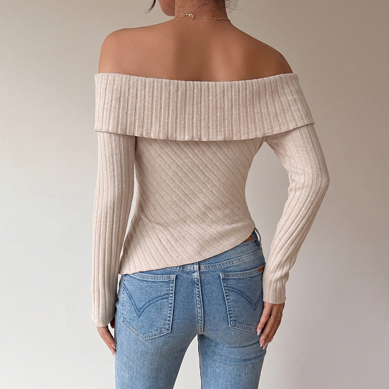 Damen Figurbetontes Off-Shoulder Rippstrick-Top mit Knotenfront und asymmetrischem Saum Nord Taschen
