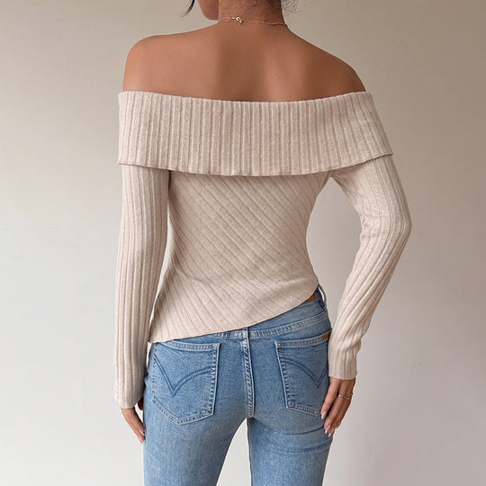 Damen Figurbetontes Off-Shoulder Rippstrick-Top mit Knotenfront und asymmetrischem Saum Nord Taschen