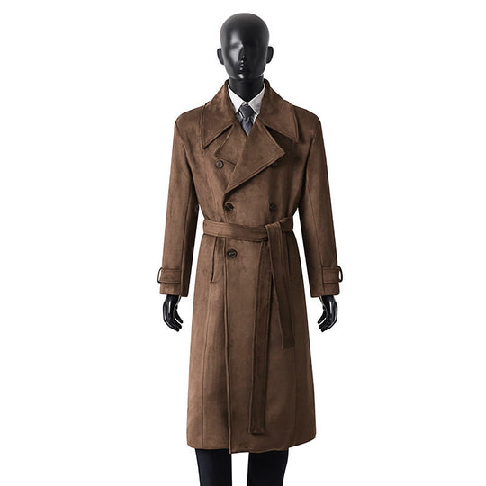 Herren Doppelreihiger Trenchcoat aus Velourslederimitat mit Taillengürtel und weitem Revers Nord Taschen
