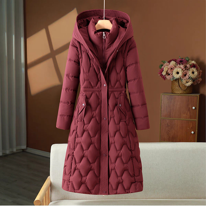 Damen nan langer gesteppter Mantel mit Kapuze, taillierter A-Linie und dekorativer Wabensteppung Nord Taschen