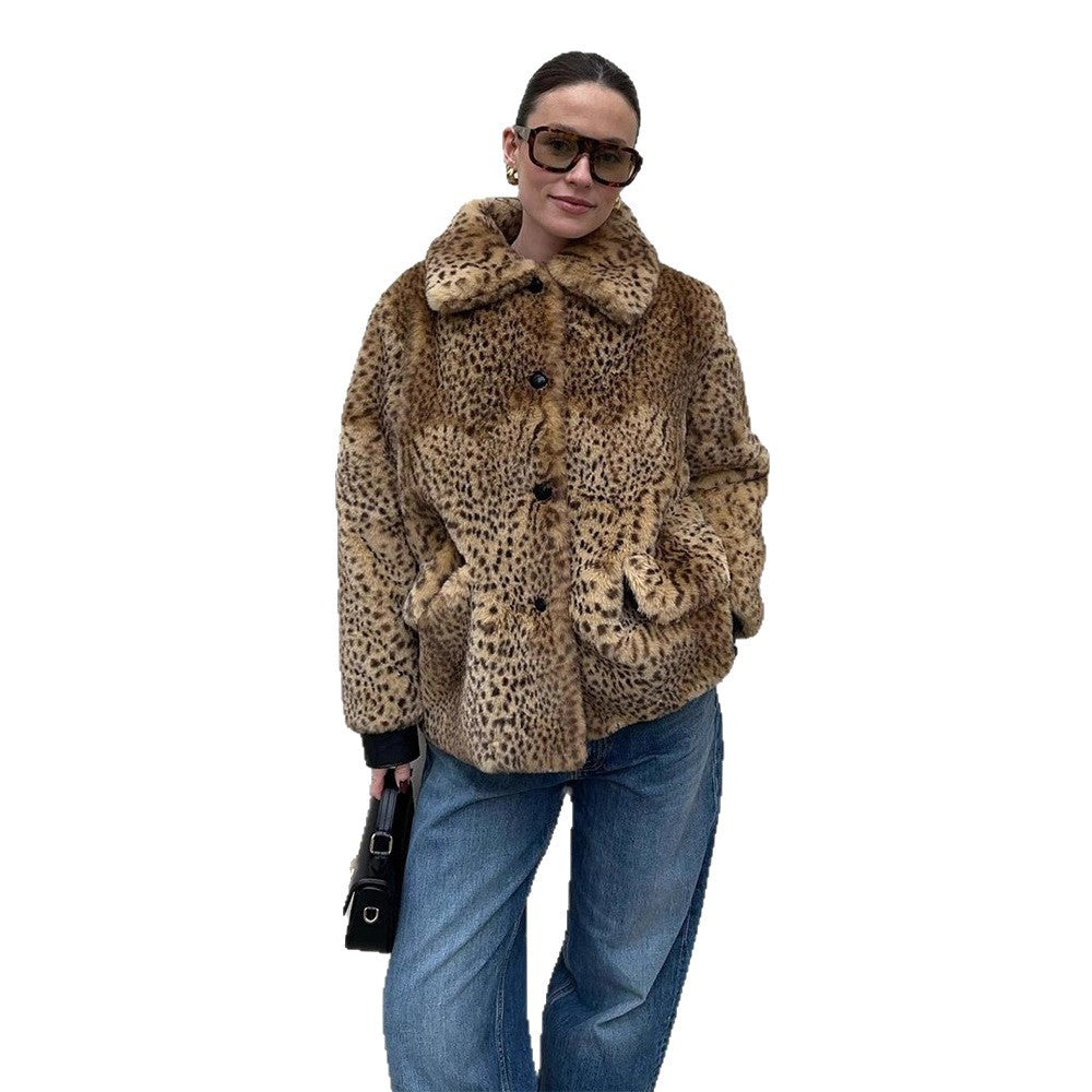 Damen Boxy-Kurzmantel aus Fauxfur mit Allover-Leopardenmuster und umlegbarem Schalkragen Nord Taschen