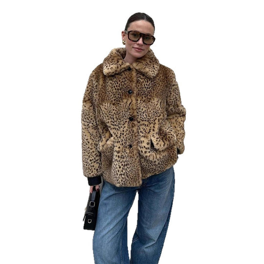 Damen Boxy-Kurzmantel aus Fauxfur mit Allover-Leopardenmuster und umlegbarem Schalkragen Nord Taschen