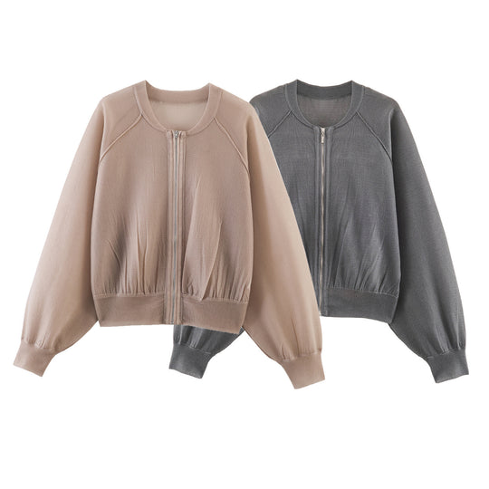 Damen Leichter Strick‑Bomber mit Reißverschluss, Ballonärmeln und gerafftem Saum Nord Taschen