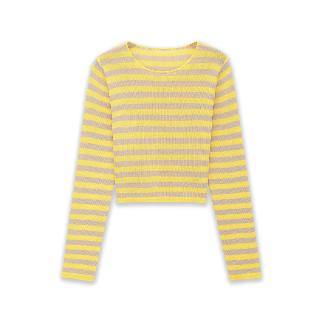 Damen Gestreifter Cropped-Feinstrickpullover mit U-Boot-Ausschnitt Nord Taschen