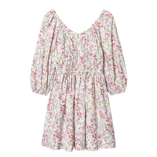 Damen Blumenkleid mit Smok-Taillierung und voluminösen Puffärmeln Nord Taschen