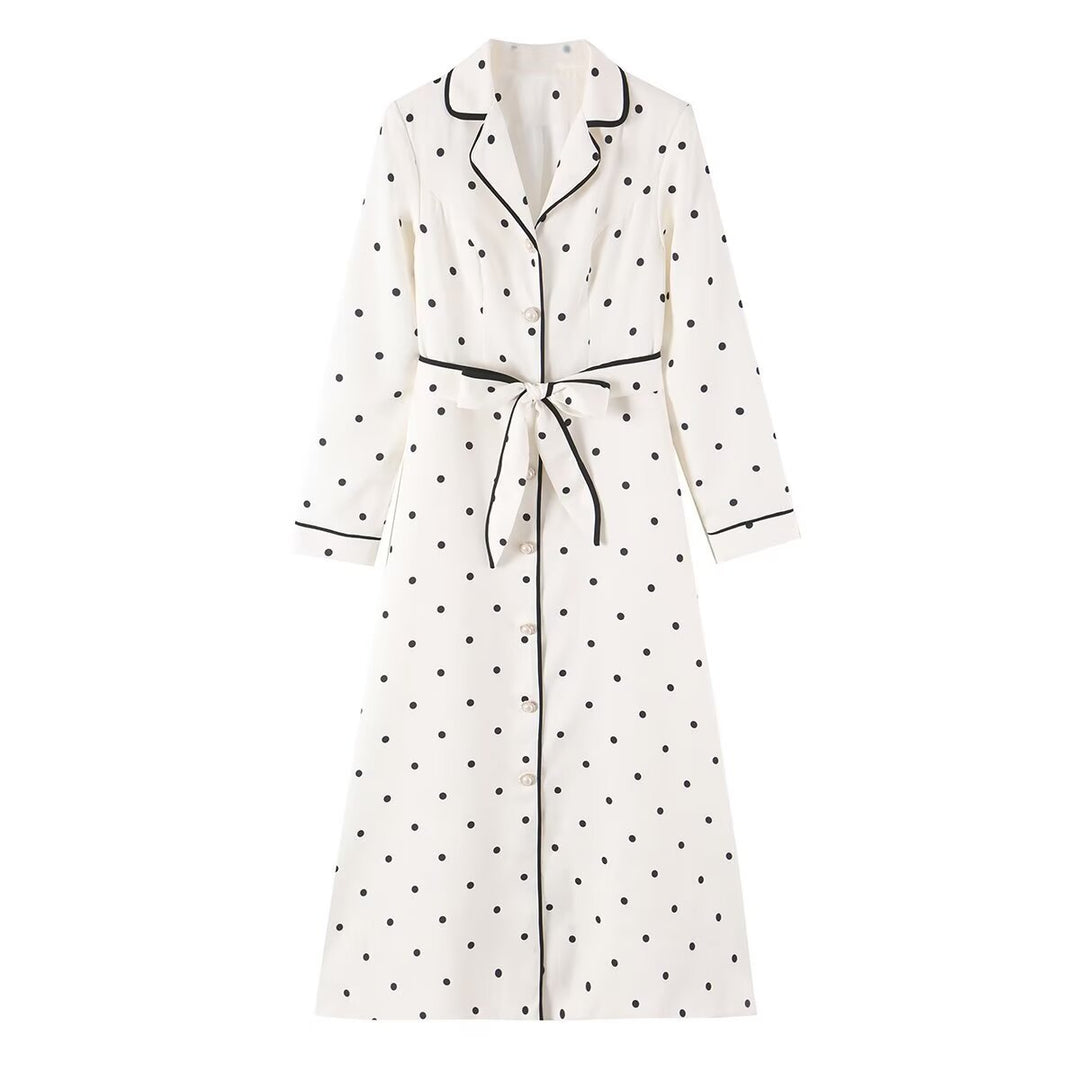 Damen Midi-Hemdblusenkleid mit Polka‑Dot, Kontrastpaspel und Taillengürtel Nord Taschen