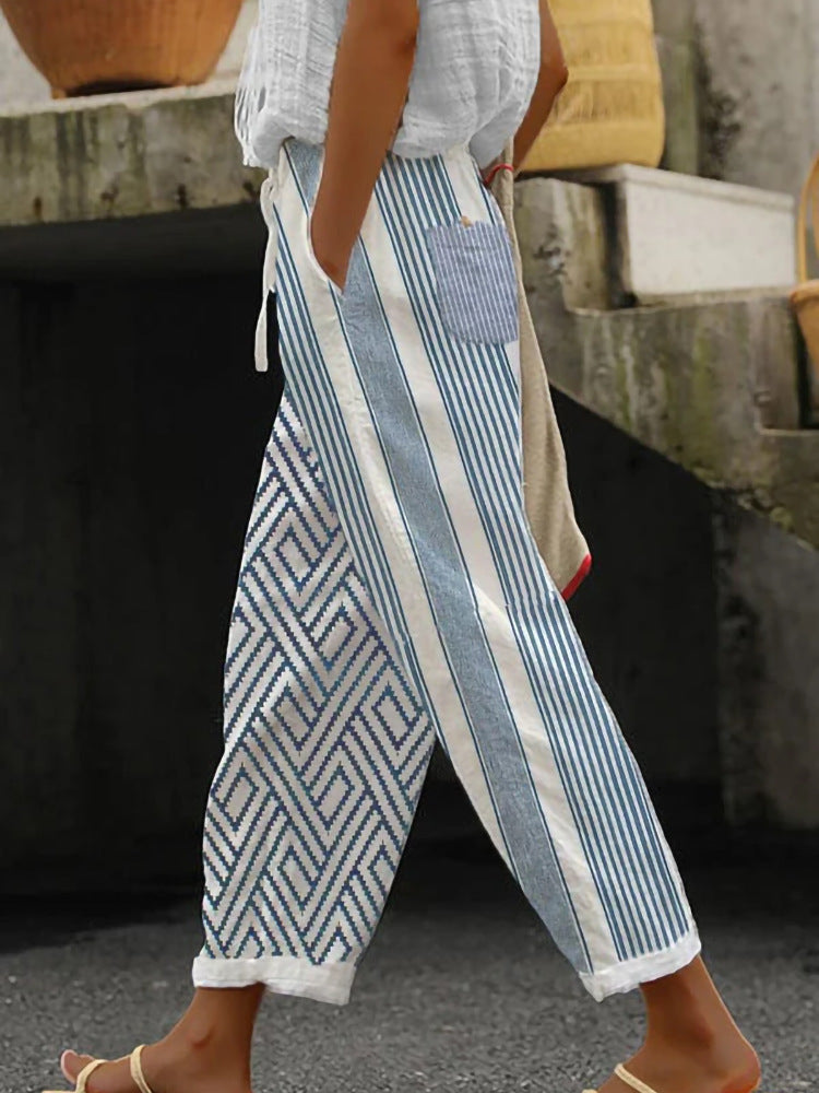 Damen Weite Leinenhose mit handgewNord Taschentem Muster