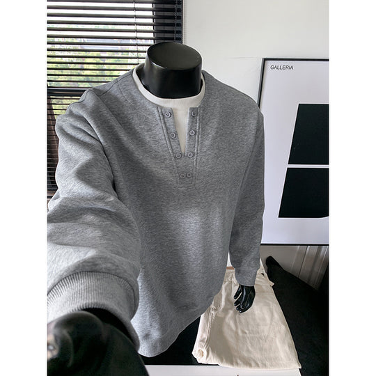Herren Sweatshirt mit Henley-Knopfleiste, relaxed Fit und gerippten Bündchen Nord Taschen