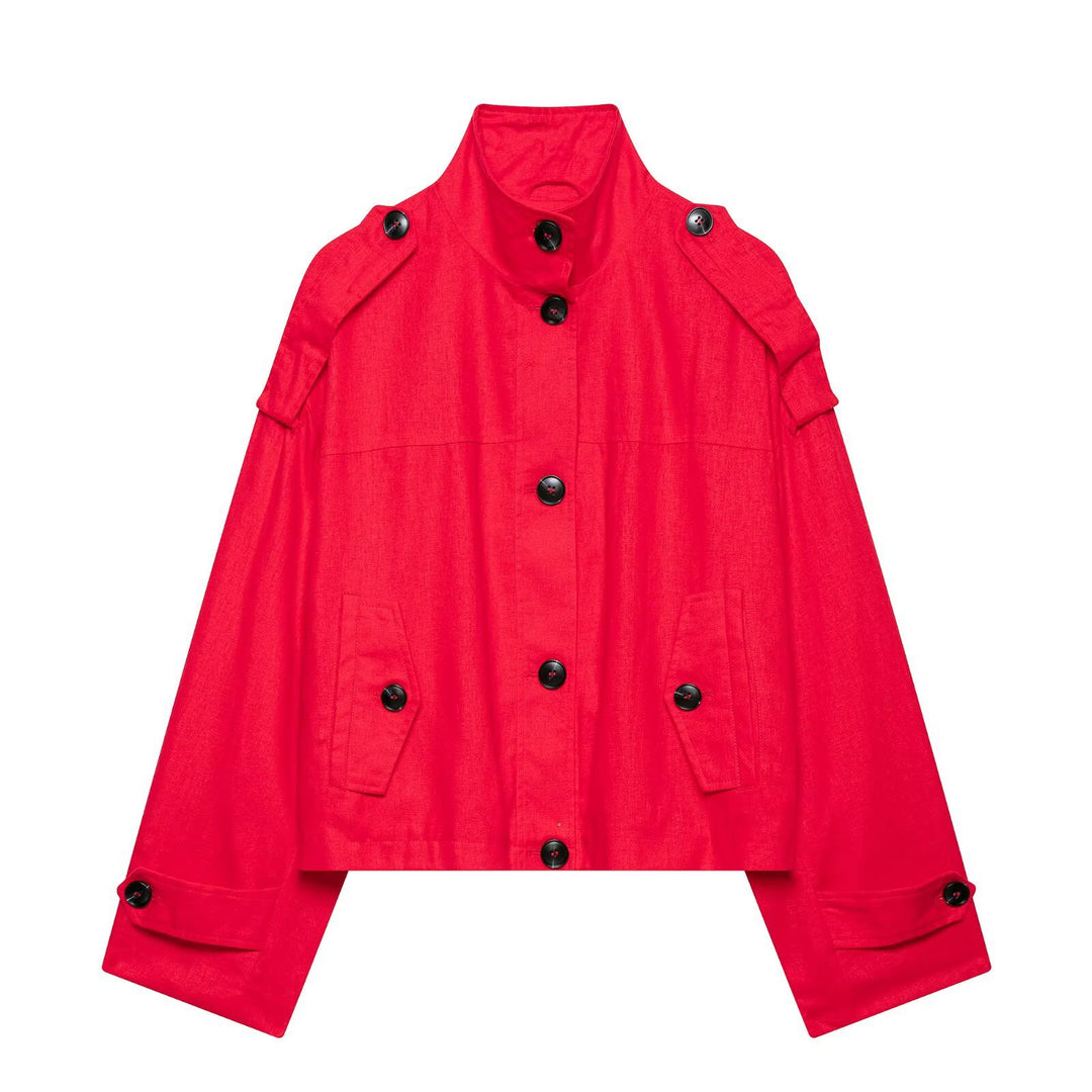 Damen Kurz-Capejacke im Boxy-Cropped-Trenchstil mit Stehkragen und Schulterpatten Nord Taschen
