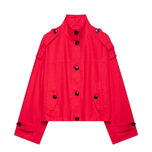 Damen Kurz-Capejacke im Boxy-Cropped-Trenchstil mit Stehkragen und Schulterpatten Nord Taschen