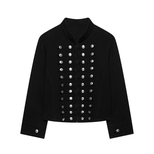 Damen Taillierte Denim‑Blazerjacke im militärisch inspirierten Marschallstil mit Zierknopfleiste Nord Taschen