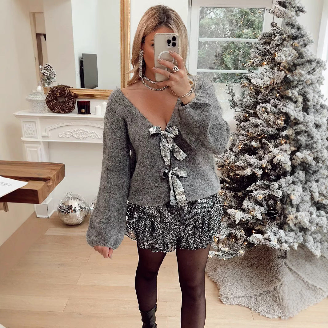 Damen Oversize-Strickcardigan mit V‑Ausschnitt und Pailletten‑Schleifen Nord Taschen