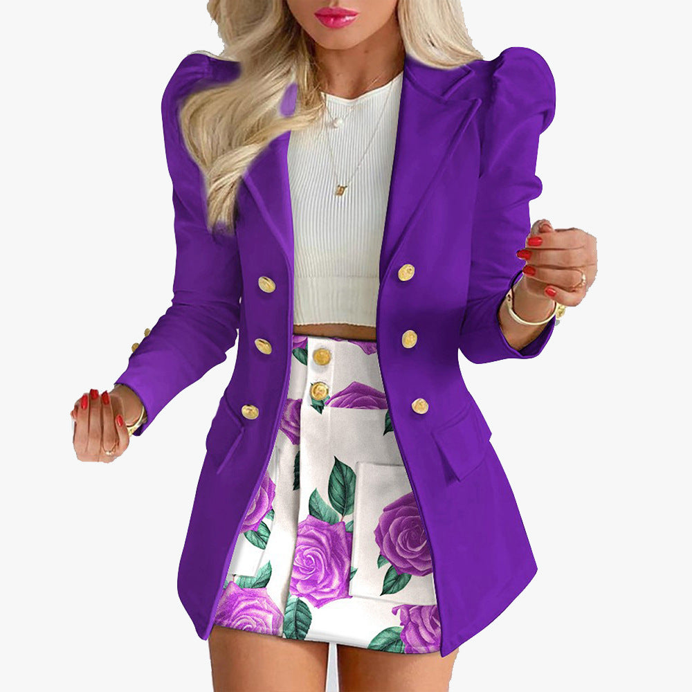 Damen Taillierter Doppelreihiger Blazer mit Puffärmeln und goldenen Zierknöpfen Nord Taschen
