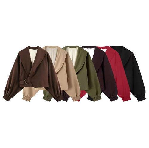 Damen 40+ Cropped Wickelblouson mit übergroßen Ballonärmeln und asymmetrischem Schnallenverschluss Nord Taschen