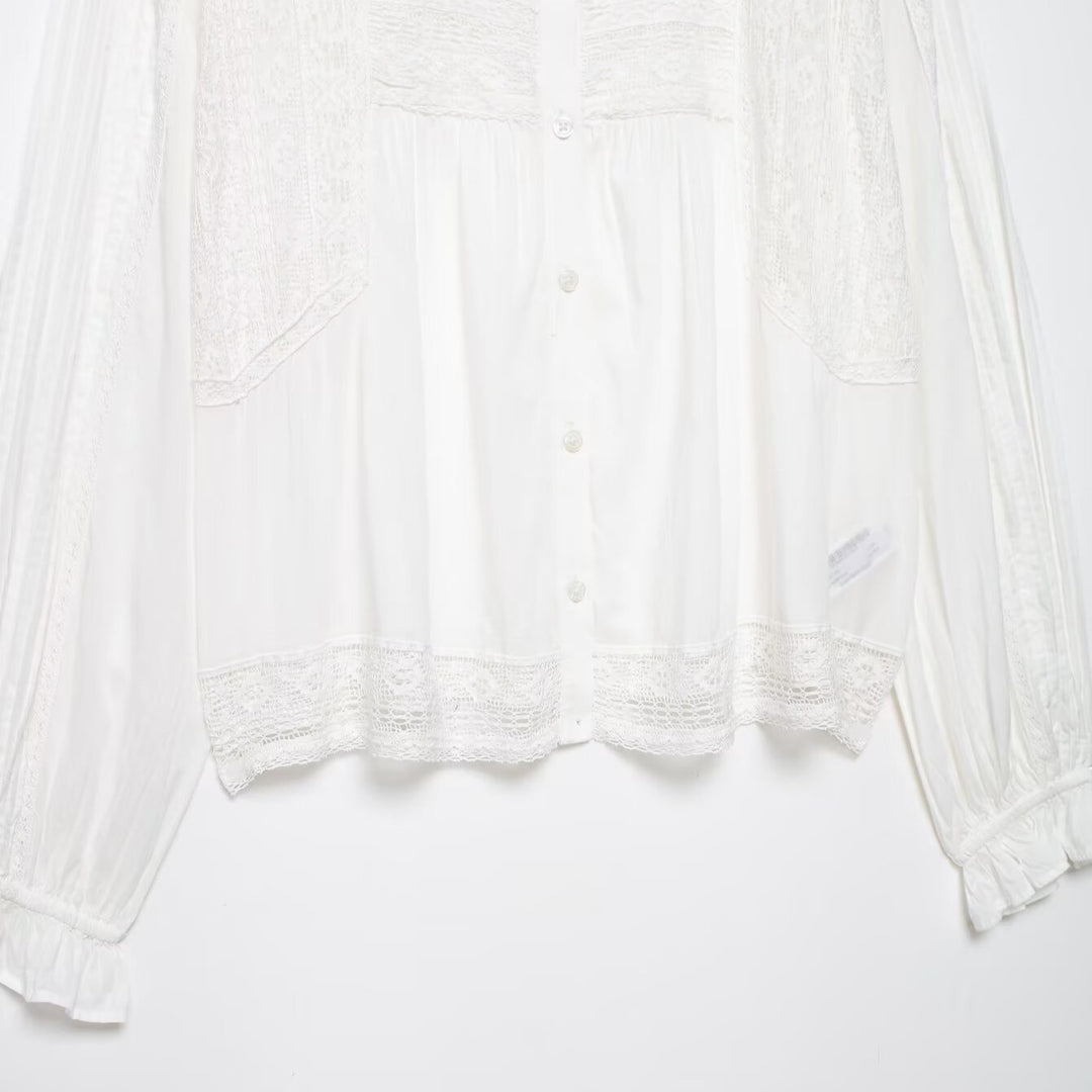 Damen Romantische Spitzenbluse mit Plisseefront, Spitzenpanelen und Ballonärmeln Nord Taschen
