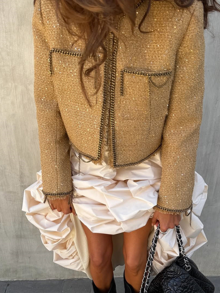 Damen Kurze Bouclé-Jacke mit Kettenbesatz und Pailletten-Detail Nord Taschen