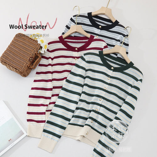 Damen Leichter Streifen-Cardigan aus Baumwollmix mit Perlmutt-Druckknöpfen und Rippbündchen Nord Taschen