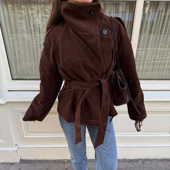 Damen Kurzjacke aus Veloursleder mit hohem Stehkragen und Bindegürtel Nord Taschen