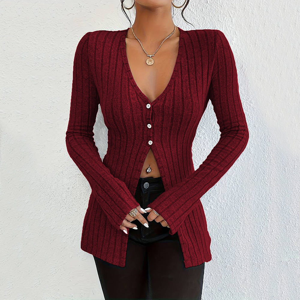 Damen gerippter V-Ausschnitt-Cardigan mit Knopfleiste taillierter Longline-Silhouette Nord Taschen