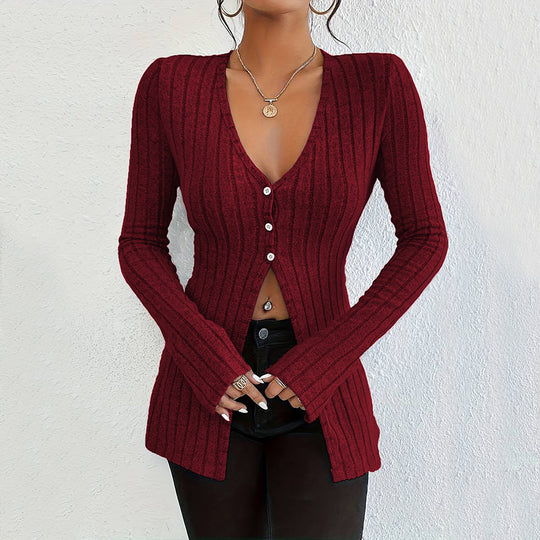 Damen gerippter V-Ausschnitt-Cardigan mit Knopfleiste taillierter Longline-Silhouette Nord Taschen