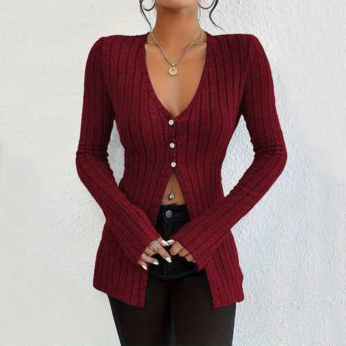 Damen gerippter V-Ausschnitt-Cardigan mit Knopfleiste taillierter Longline-Silhouette Nord Taschen