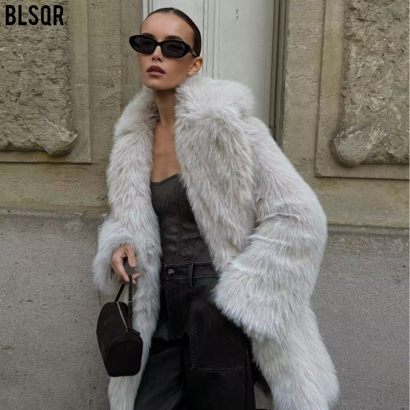 Damen Faux-Fur-Mantel mit Oversize-Schalkragen und langem, taillenfreiem Schnitt Nord Taschen