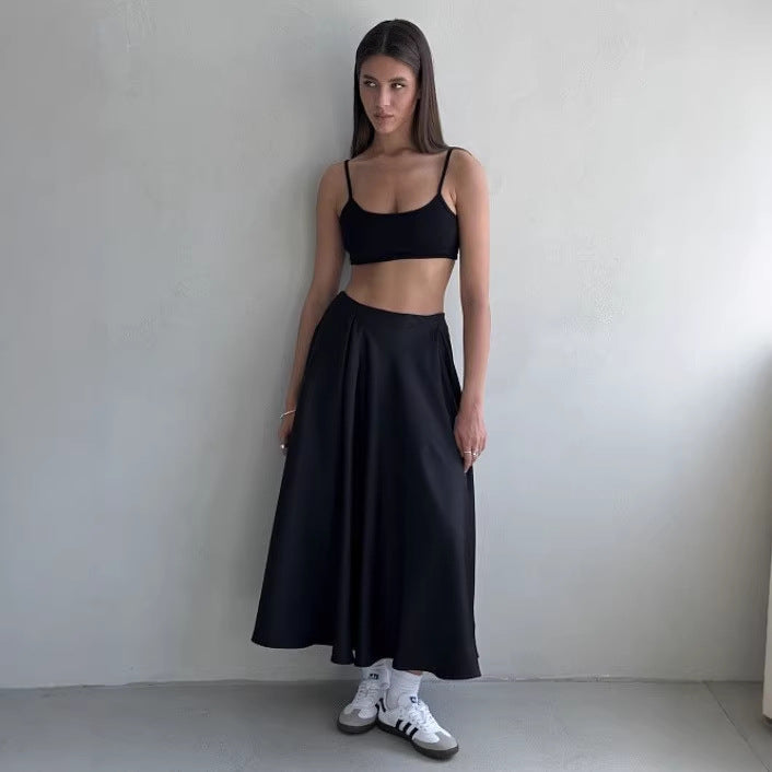 Damen Fließender Satin-Midirock mit hohem Bund und Tellerfalten Nord Taschen