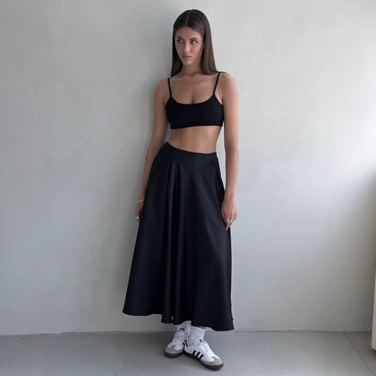 Damen Fließender Satin-Midirock mit hohem Bund und Tellerfalten Nord Taschen