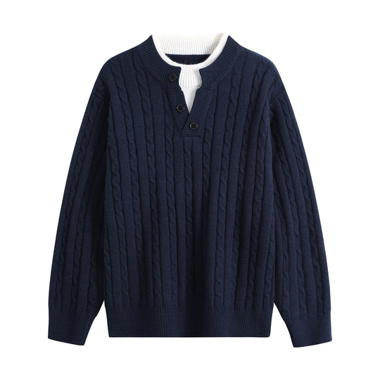 Damen Oversize Zopfstrick-Pullover mit Henley‑Kragen und Kontrastinnenkragen Nord Taschen