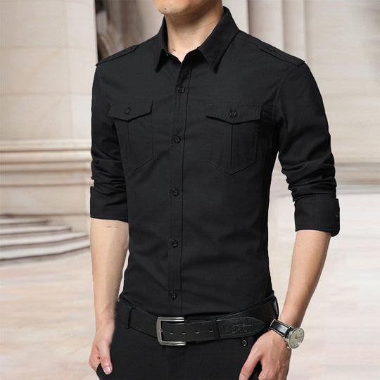 Herren Slim-Fit Baumwoll-Mix Utility-Hemd mit Schulterklappen und Brustpattentaschen Nord Taschen