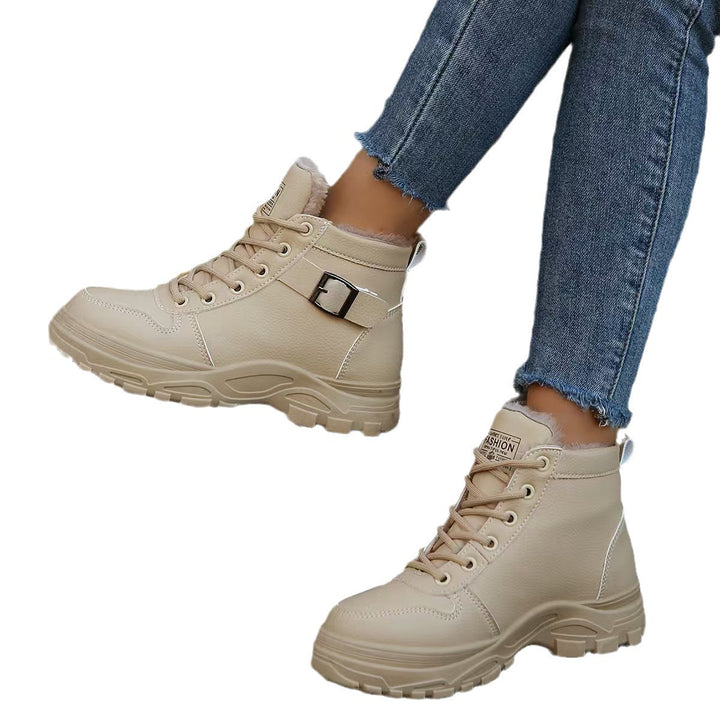 Damen  gefütterte Plateau-Schnürstiefelette mit dekorativer Metallschnalle und profilierter Gummilaufsohle Nord Taschen