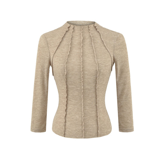 Damen Figurbetontes Langarmshirt mit Stehkragen und Zier-Volants Nord Taschen