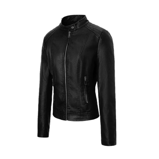 Damen Slim-Fit Biker-Lederjacke mit Stehkragen Nord Taschen