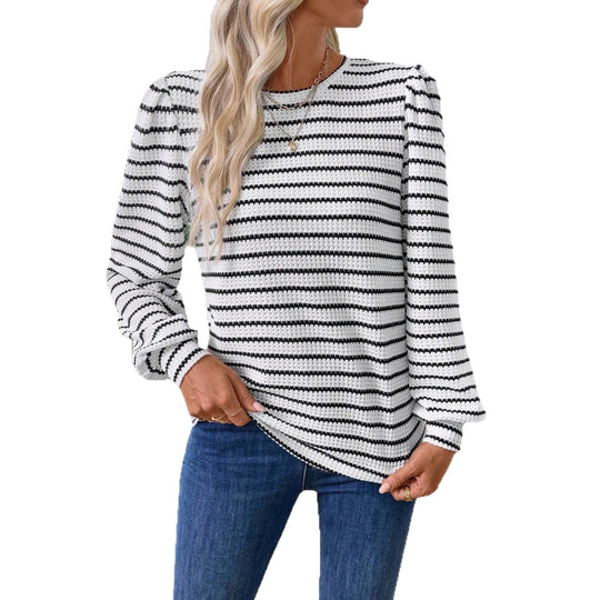 Damen Gestreiftes Feinstrick-Longsleeve mit strukturierter Masche und Rundhals Nord Taschen