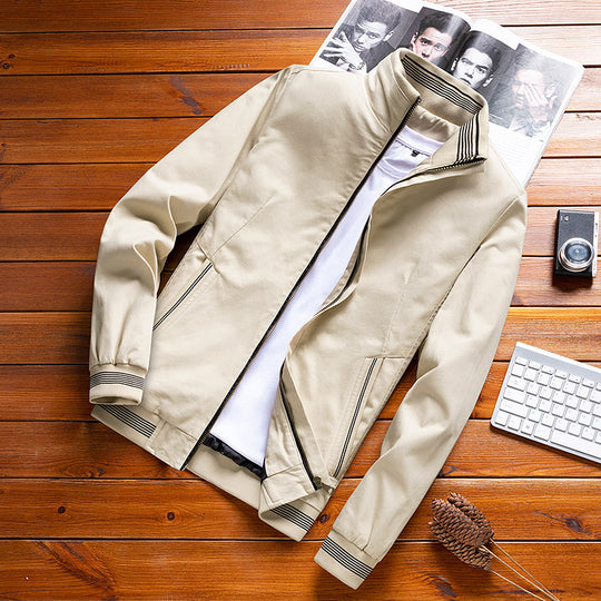 Herren leichter Canvas-Bomber mit gestreiften Rippbündchen, Stehkragen und Reißverschlusstaschen Nord Taschen