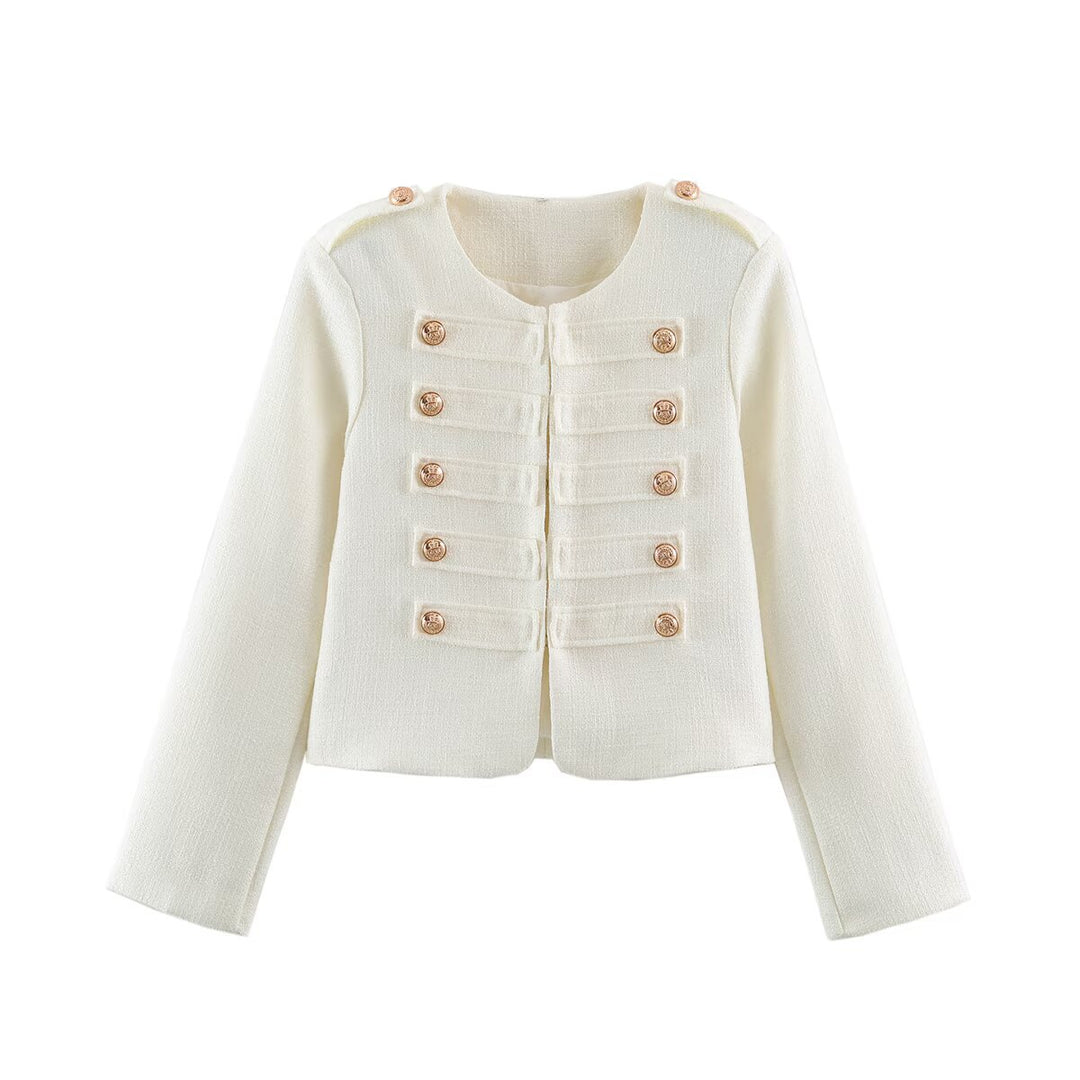 Damen Kurze Bouclé-Jacke im Militärstil mit Zierleisten und goldenen Knöpfen Nord Taschen