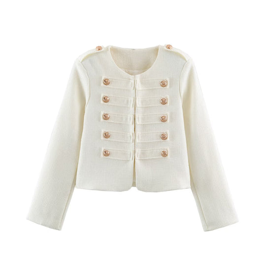 Damen Kurze Bouclé-Jacke im Militärstil mit Zierleisten und goldenen Knöpfen Nord Taschen