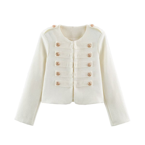 Damen Kurze Bouclé-Jacke im Militärstil mit Zierleisten und goldenen Knöpfen Nord Taschen