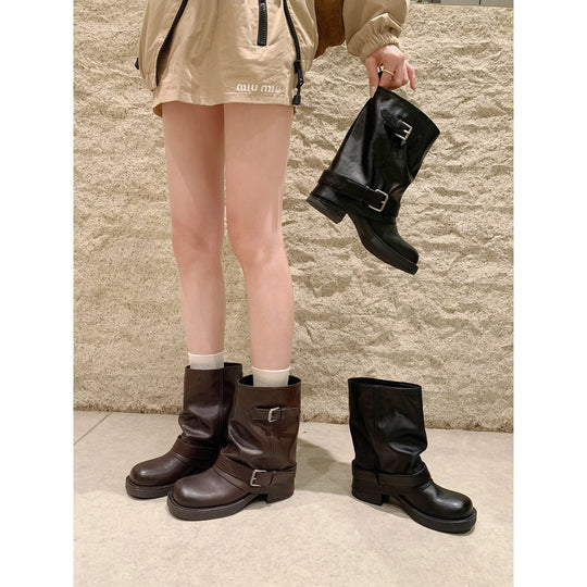 Damen Wadenhohe Bikerstiefel aus Glattleder mit Doppelschnallen und gerafftem Schaft Nord Taschen