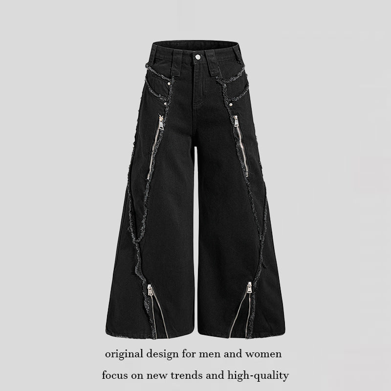 Damen weite Denim-Culotte mit Fransen-Details und Zipper-Akzenten Nord Taschen