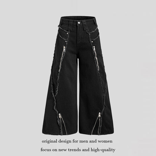 Damen weite Denim-Culotte mit Fransen-Details und Zipper-Akzenten Nord Taschen