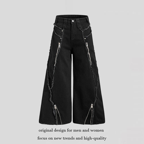 Damen weite Denim-Culotte mit Fransen-Details und Zipper-Akzenten Nord Taschen
